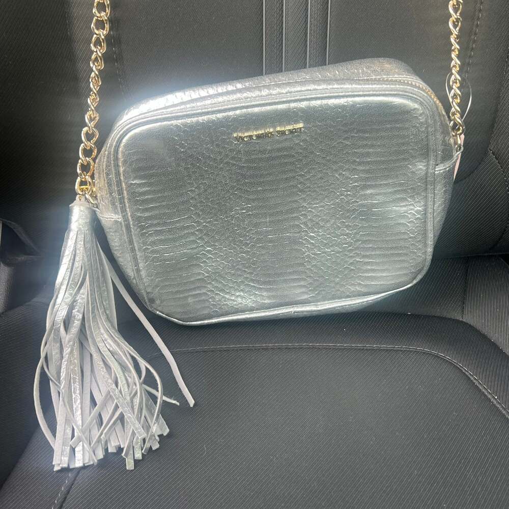 Victoria's Secret Silver Metallic Snakeskin Crossbody Bag Gold Chain Tassel NWT